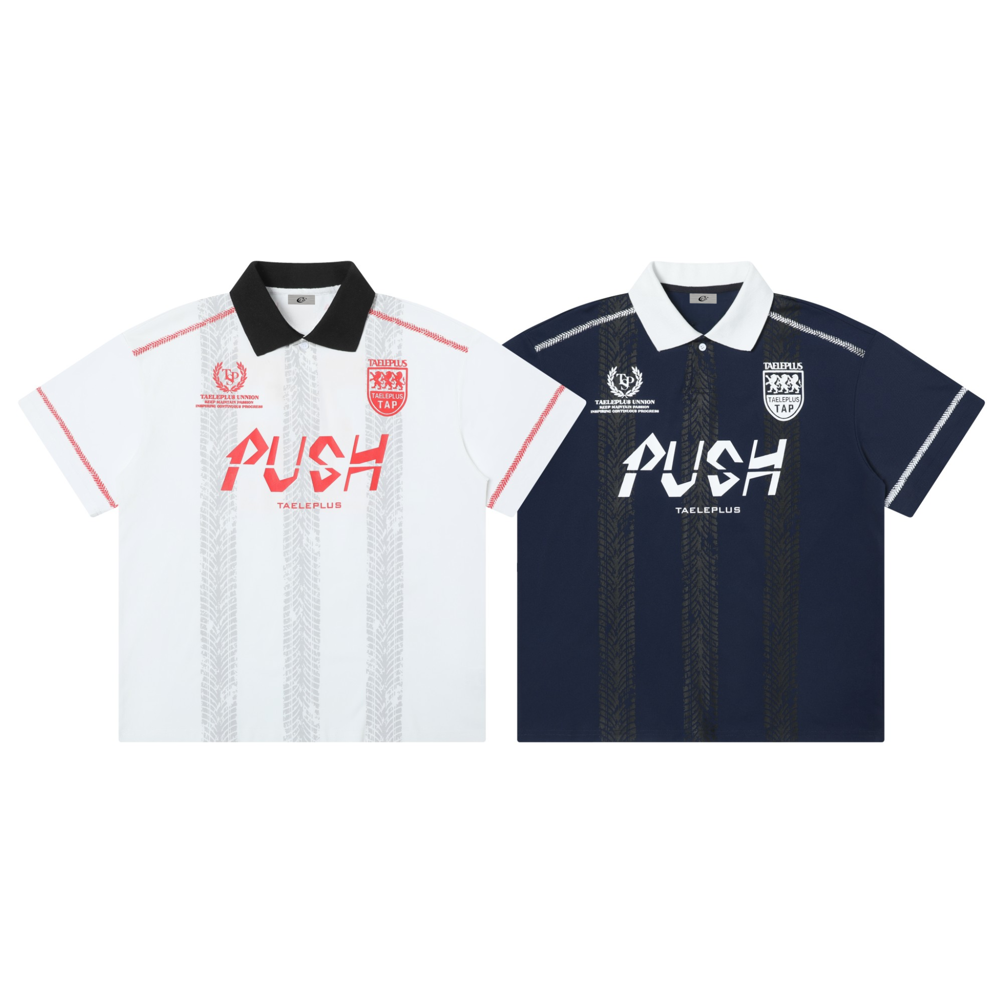 White PUSH graphic polo shirt with black contrast collar, red stitching, tire-track stripe print, and Taeleplus logo on chest