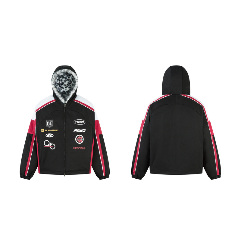 Racing Patch Faux Fur Hood Jacket | Color-Block Nylon