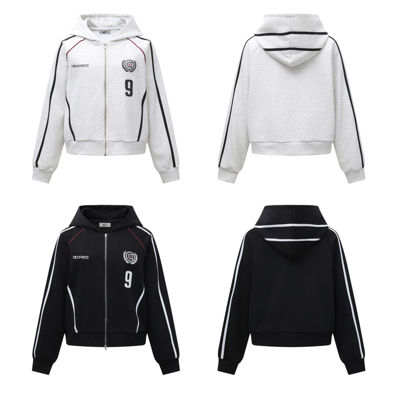 Two-color hoodie set shown front and back in light gray and black colorways