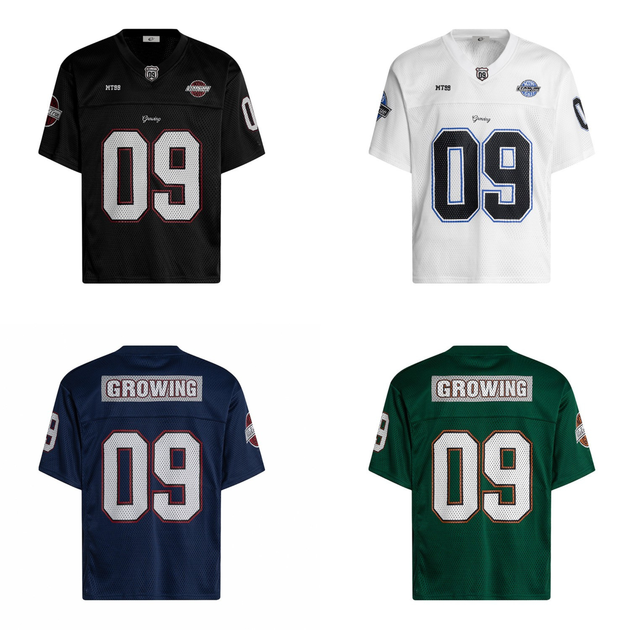 Omirad 09 black short-sleeve mesh football jersey with oversized white and red number graphics and varsity logo patches