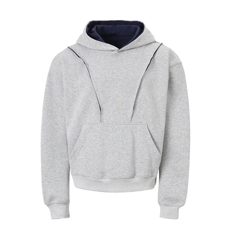 Light gray hoodie front view with navy hood lining and front pocket