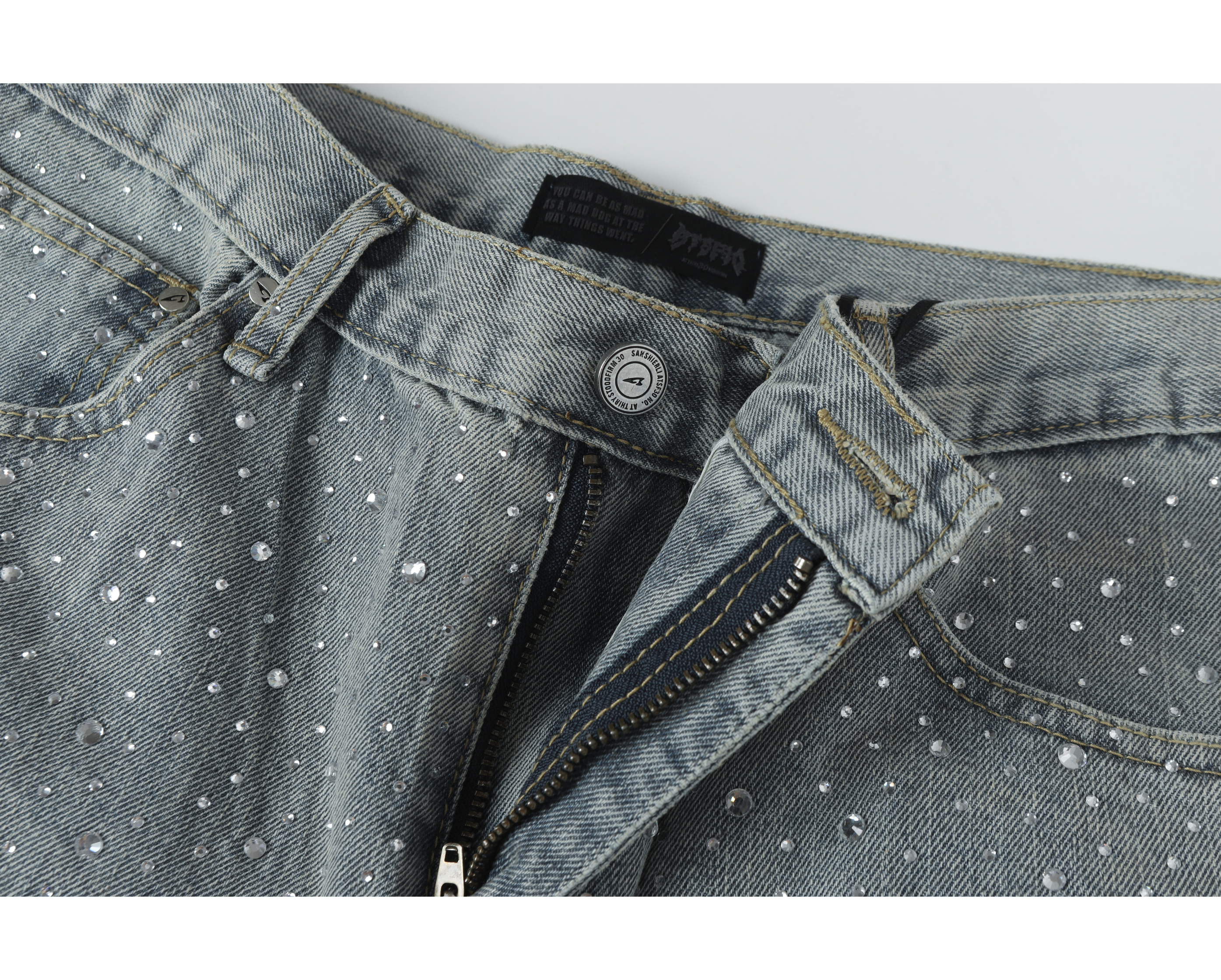 Light-Wash Rhinestone Wide-Leg Jeans | Oversized Stacked Denim