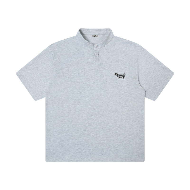 Light gray short-sleeve polo shirt with a stand collar, two-button placket, and small embroidered dog logo on the chest