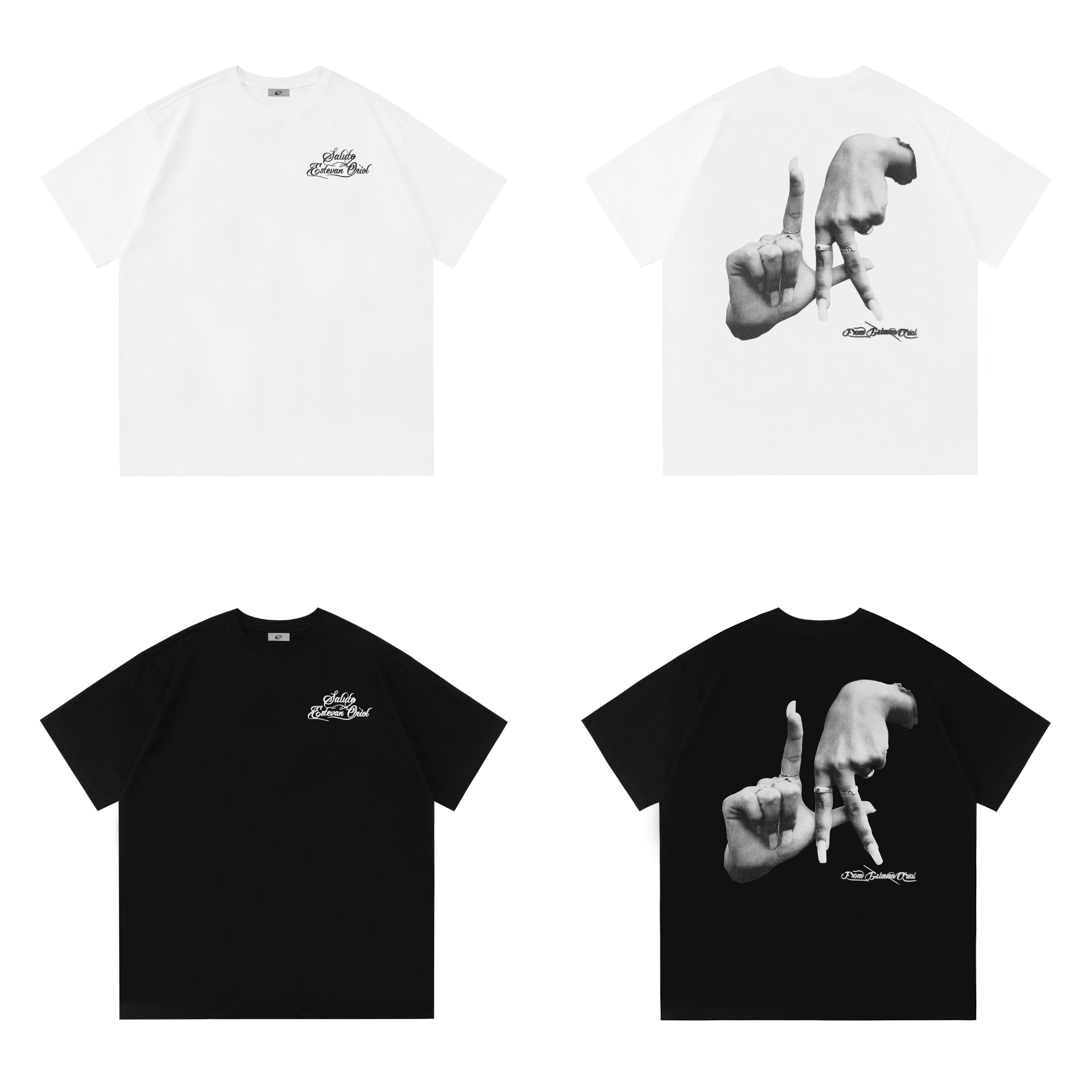 Front and back view of Saludo Estevan Oriol oversized graphic tee in white and black with hand gesture print
