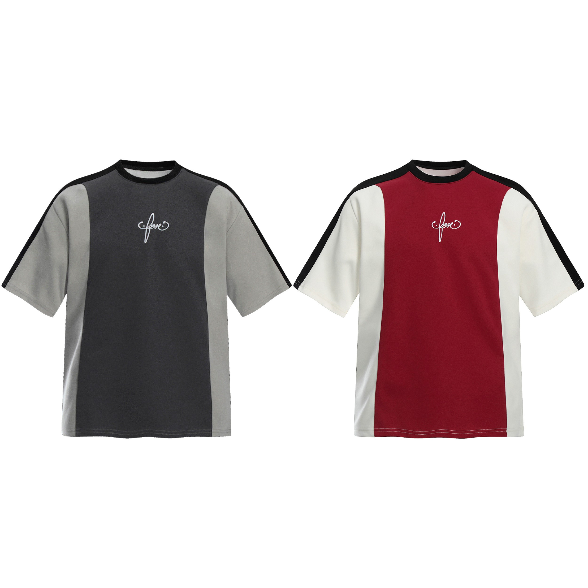 Omirad contrast panel cotton tee in charcoal grey and light grey colorway with embroidered script logo at chest