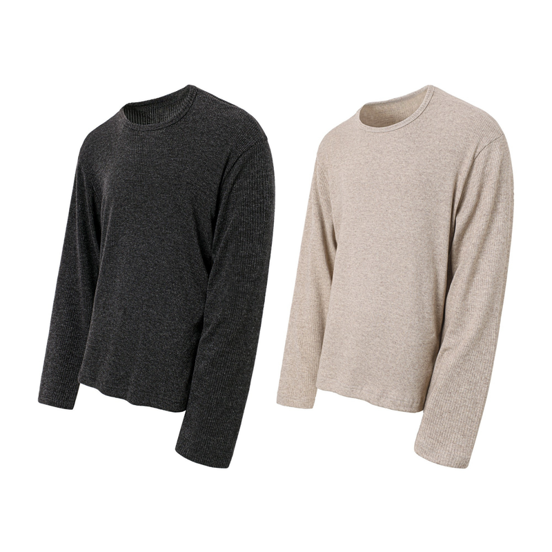 Black and beige ribbed long-sleeve crew neck tees shown front view