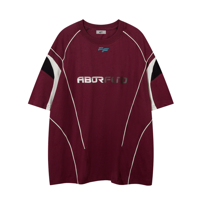 Maroon oversized jersey tee with white piping, black sleeve panels, and ABORFEND logo on the chest