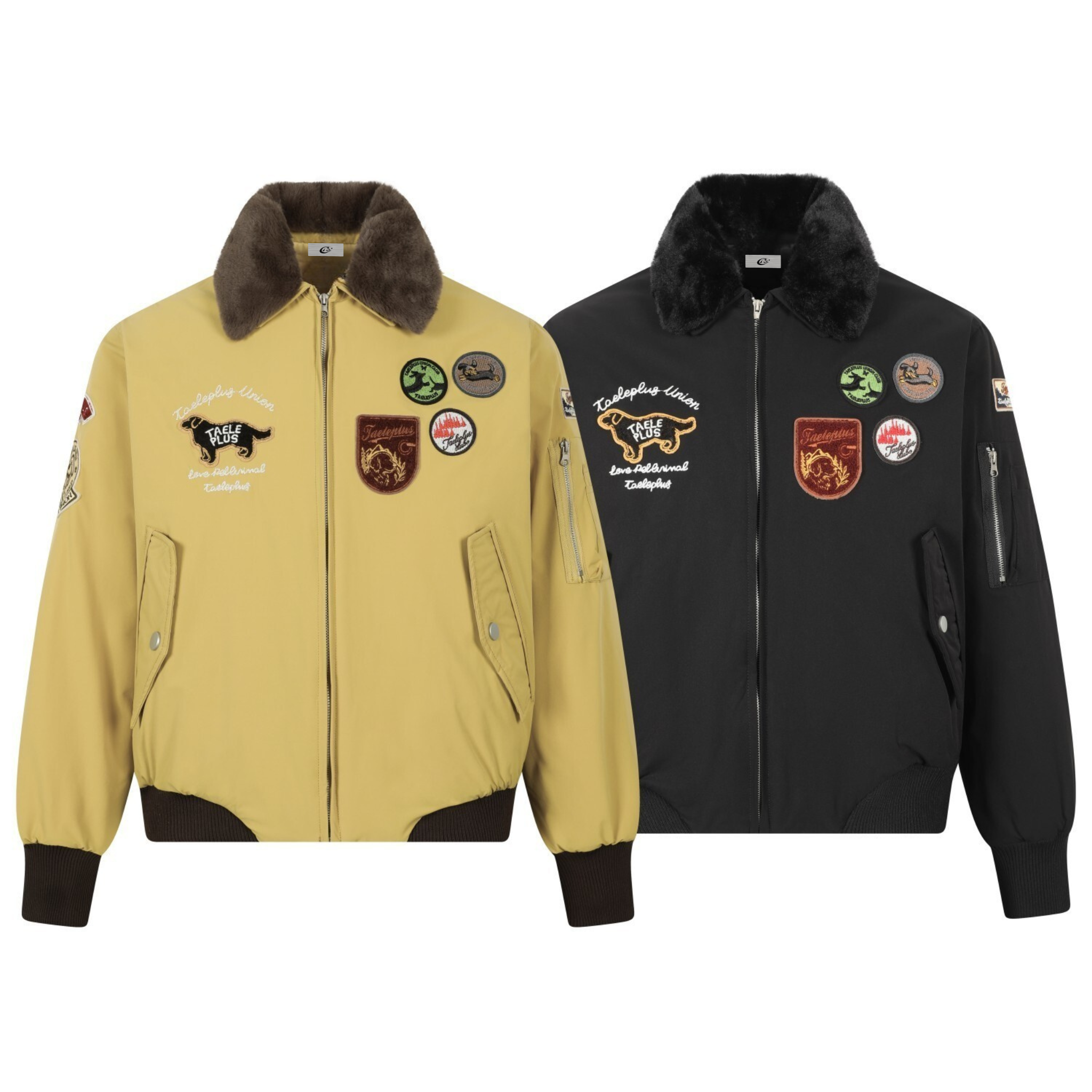Taele Plus aviation patch bomber jacket in khaki yellow and black with faux-fur collar and embroidered patches