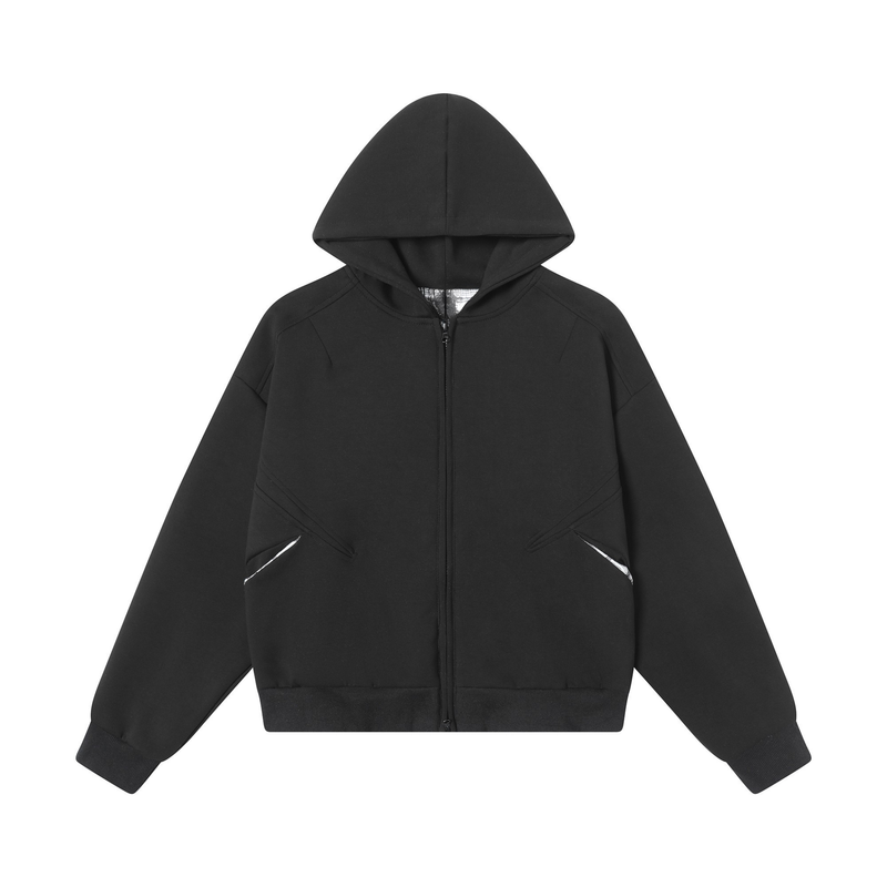 Black zip-up hoodie front with hood, panel seams, and ribbed hem on white background