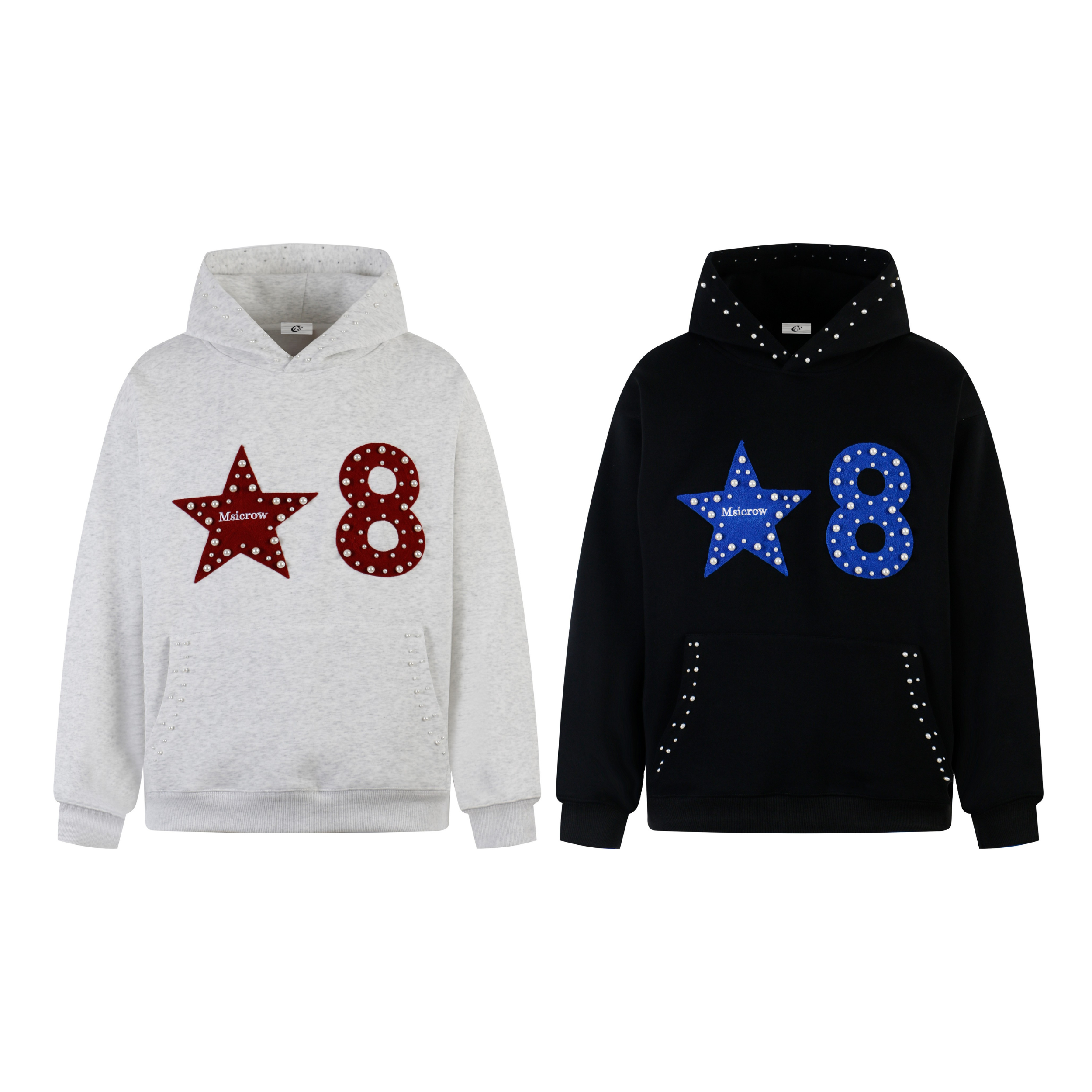 Heather grey oversized hoodie with red felt star and number eight appliqué with pearl studs on chest