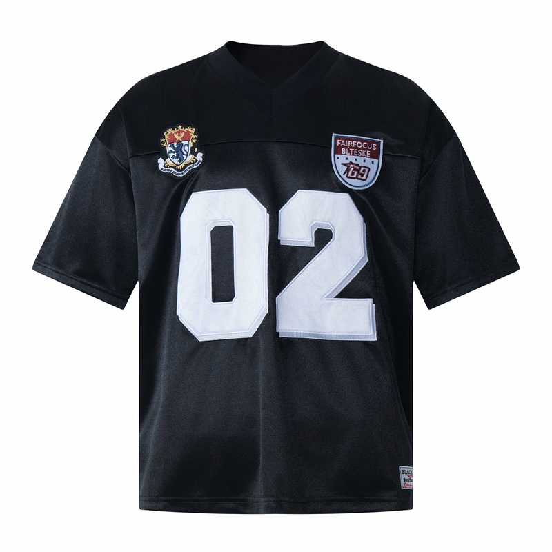 Black varsity patch mesh football jersey with large white 02 number and embroidered chest patches