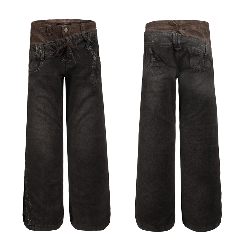 Side-by-side front and back views of dark brown lace-up wide-leg jeans