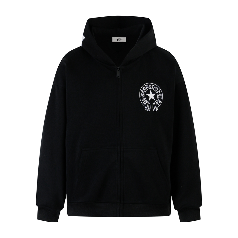 Plain black zip-up hoodie front view with white chest logo and front pocket