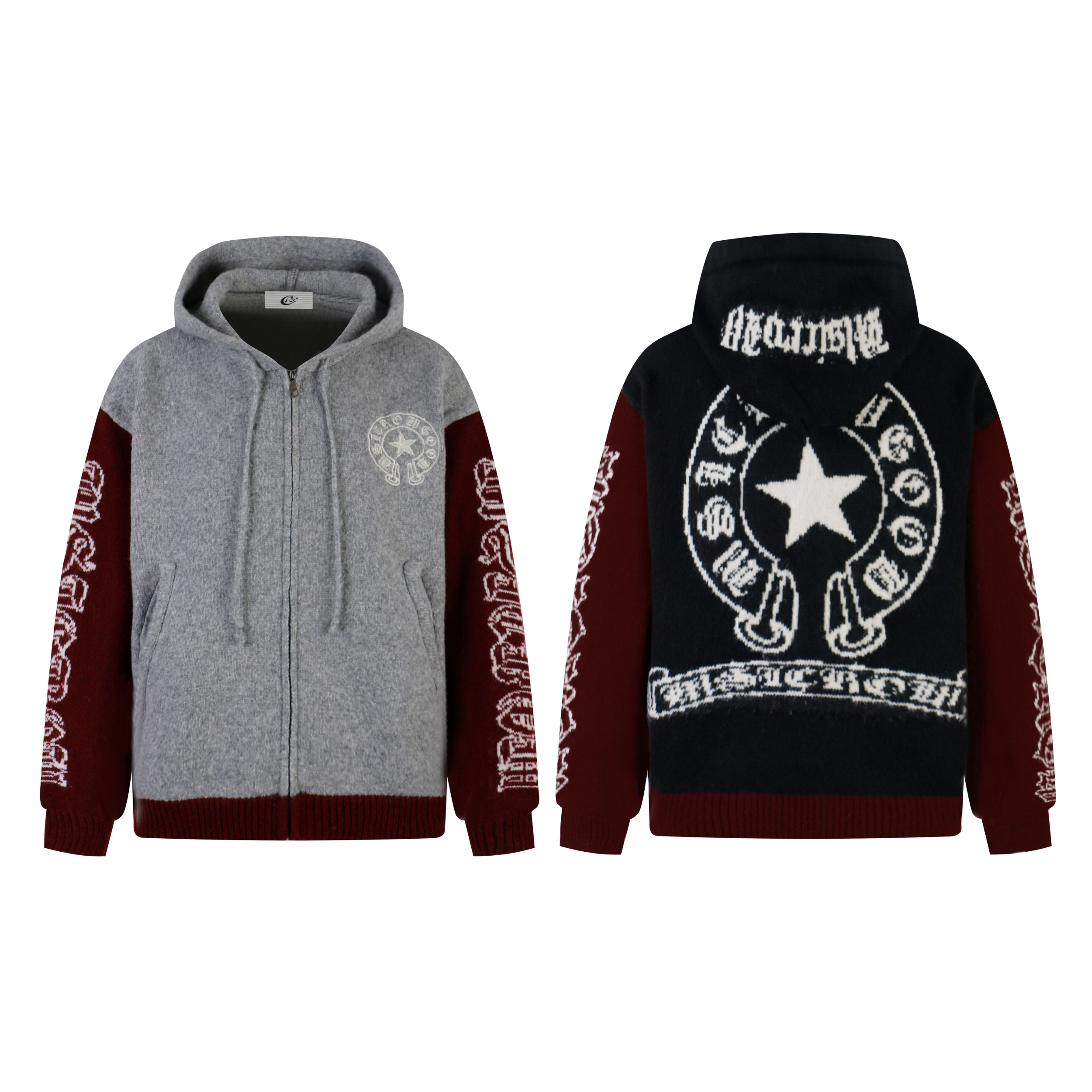 Heather grey and burgundy zip-up hoodie with star emblem on chest and gothic lettering on knit contrast sleeves, shown front