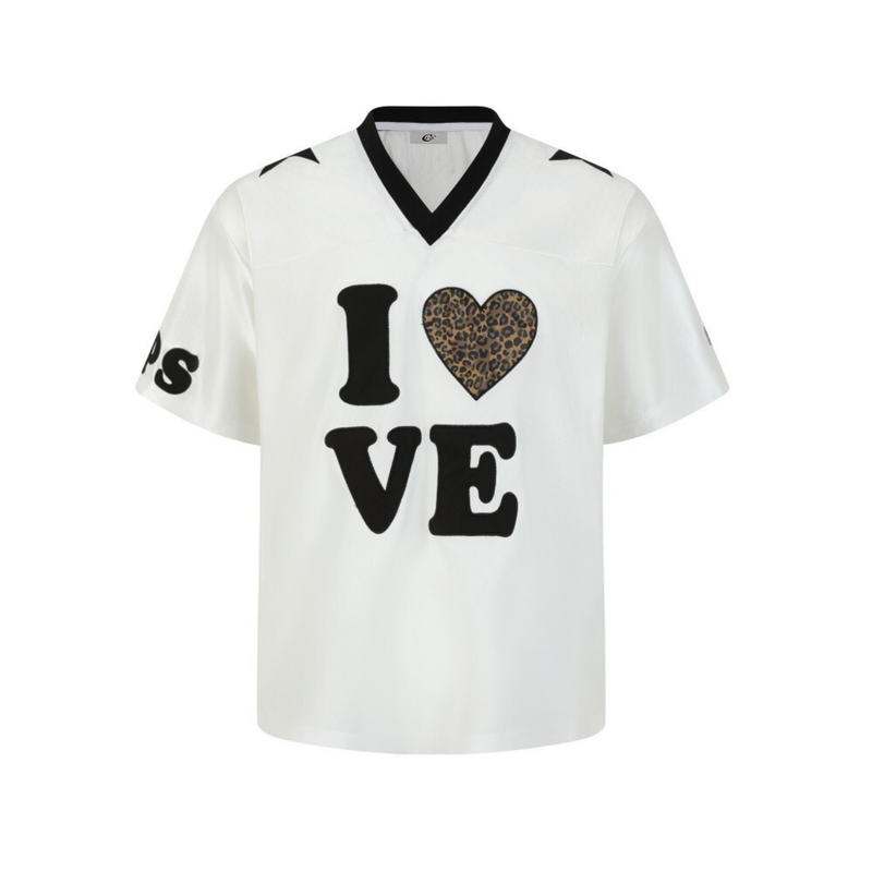 White varsity mesh jersey with black trim and leopard heart I LOVE graphic on front