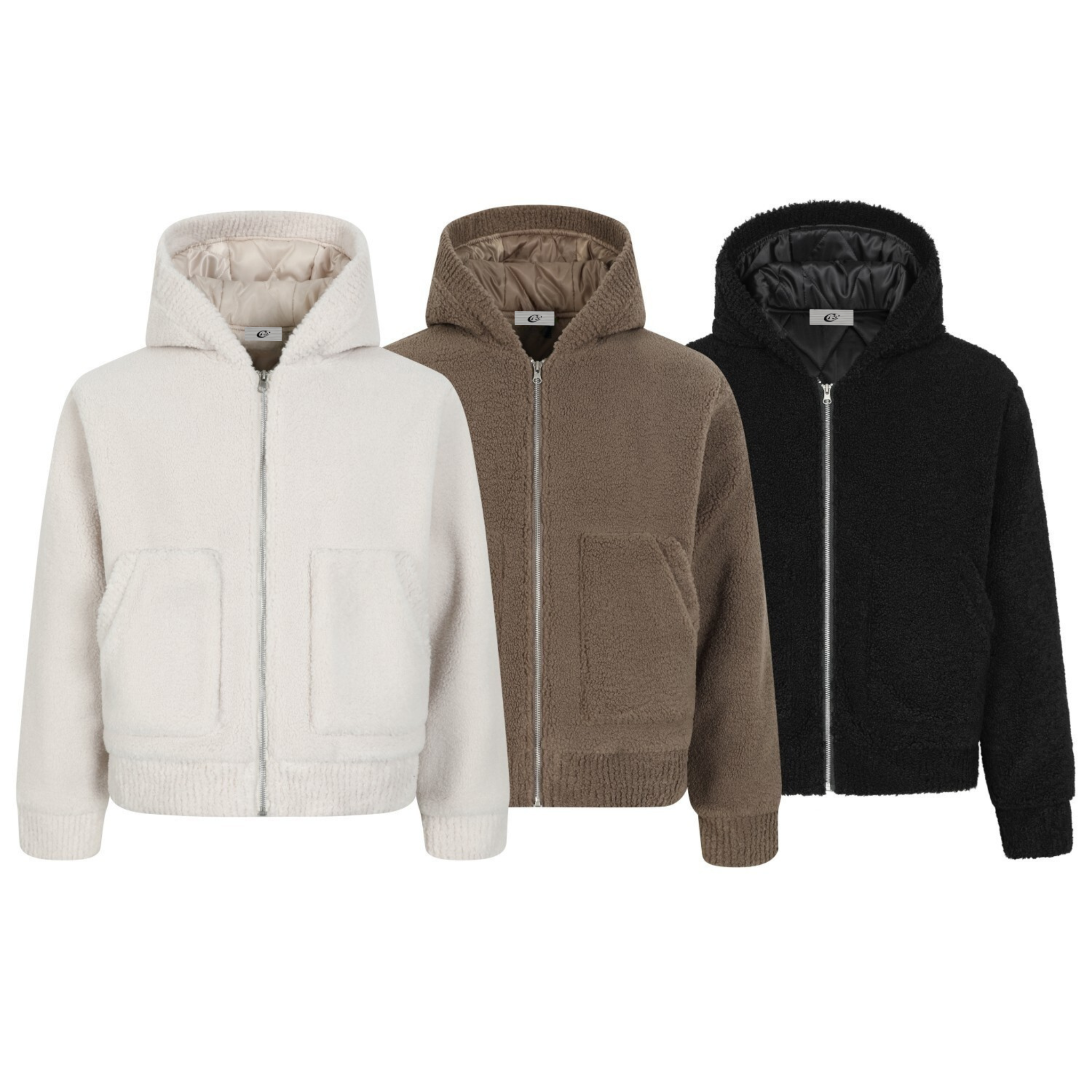 Cream teddy fleece hooded zip jacket with patch pockets, ribbed cuffs, and quilted hood lining on white background