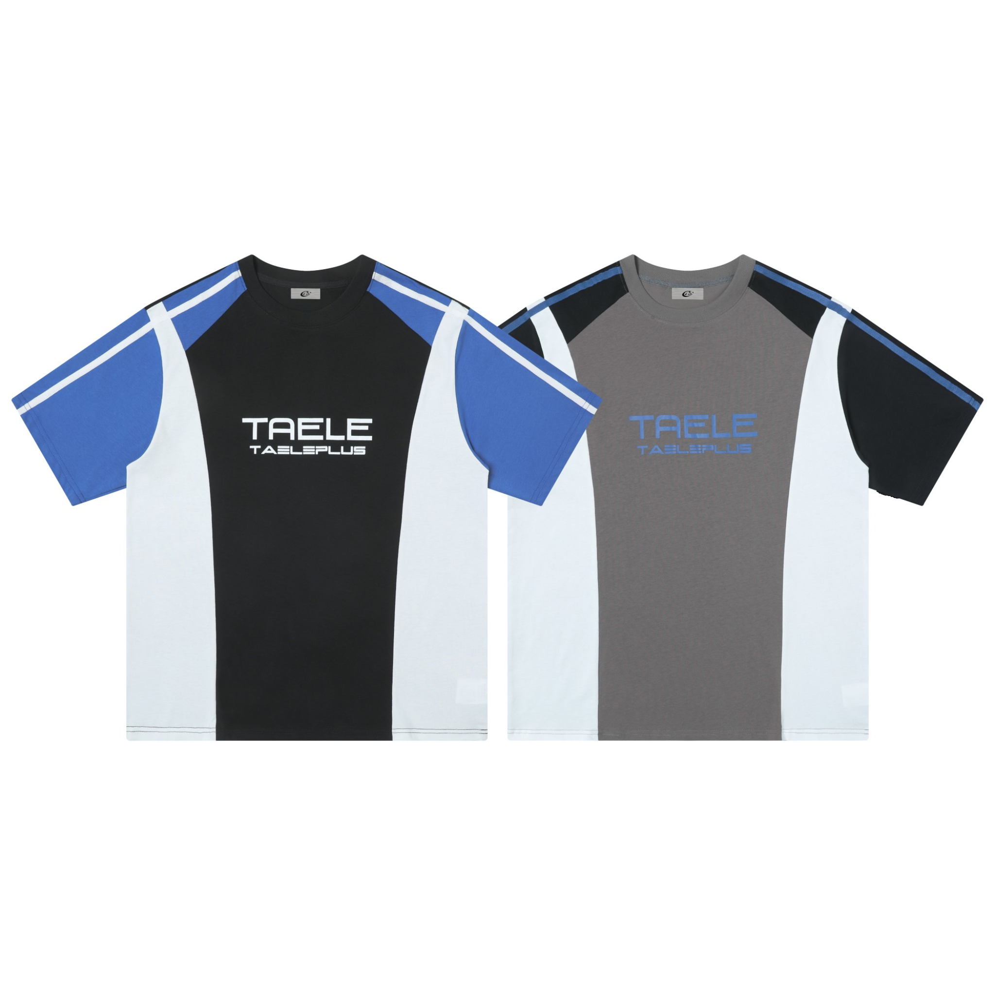 Omirad TAELEPLUS colorblock t-shirt in black-blue and grey-black colorways with white side panels and front logo print