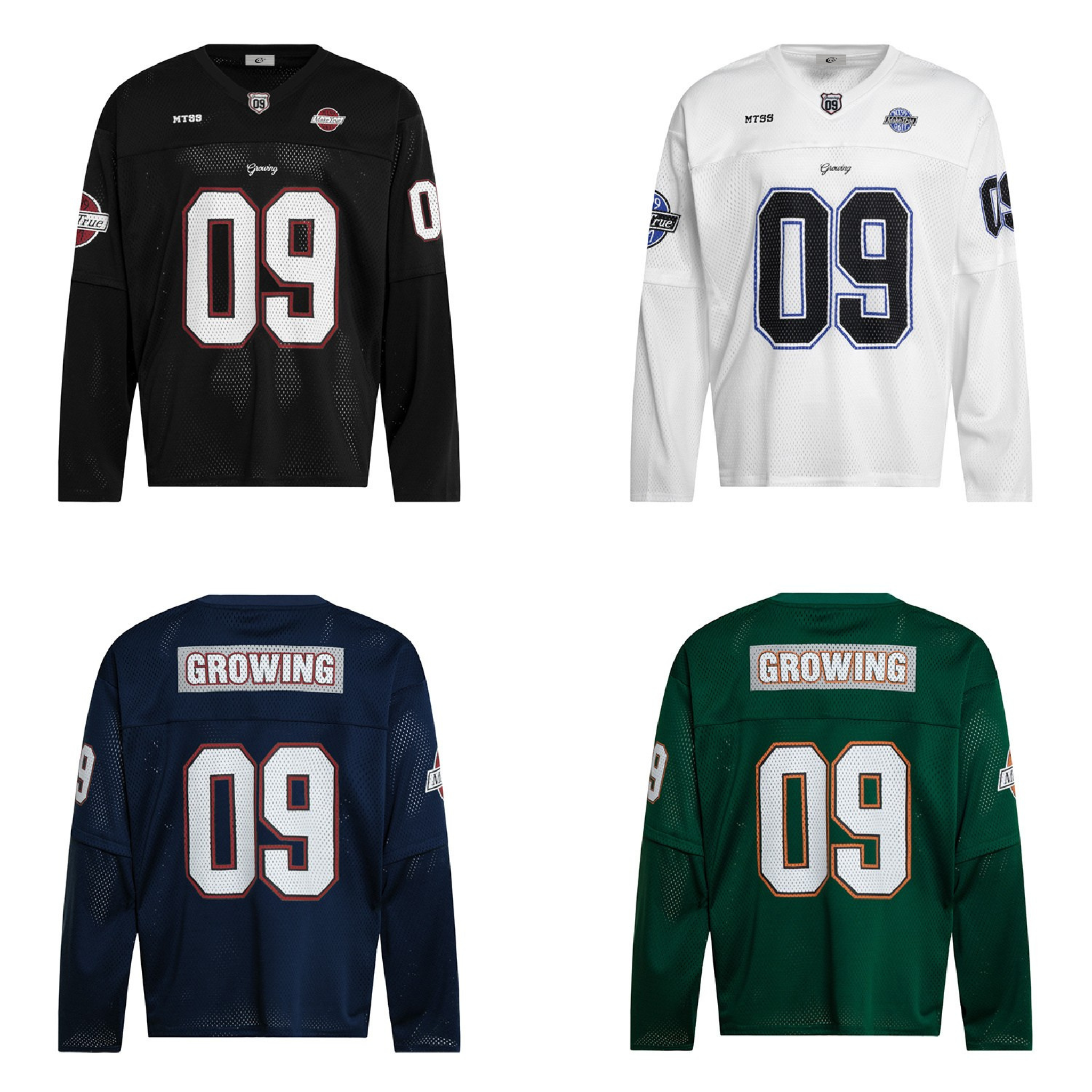 Omirad black long-sleeve 09 mesh hockey jersey with white and red number graphics and patch logos on front