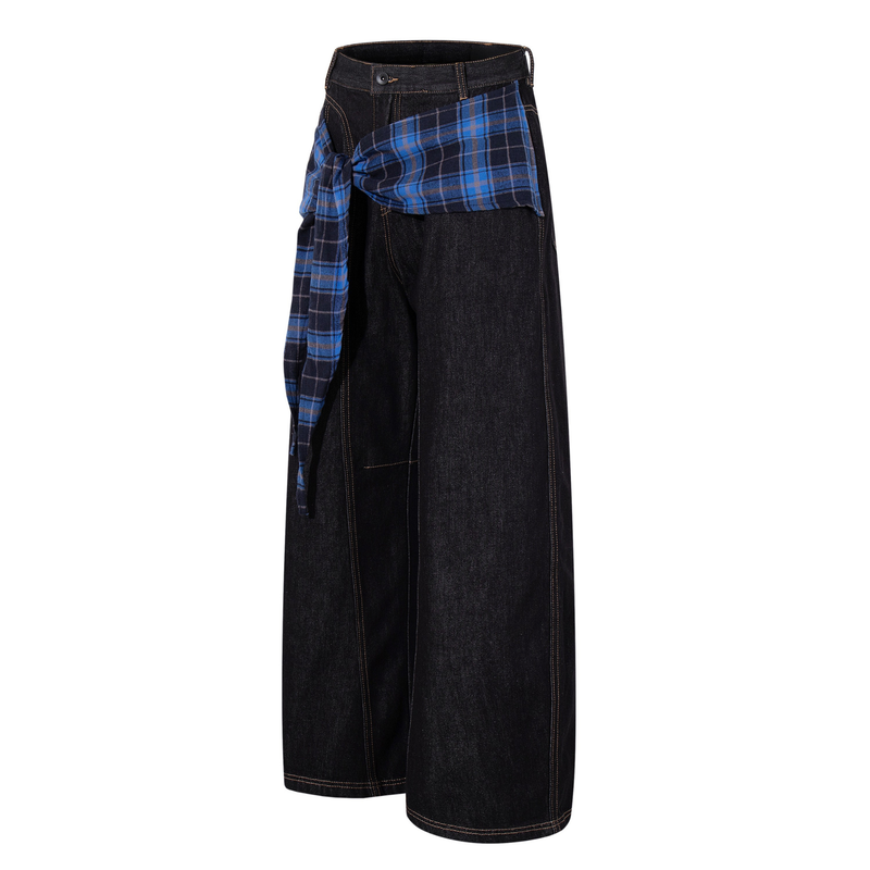 Side view of dark wash wide-leg jeans with blue plaid panel tied at the hip