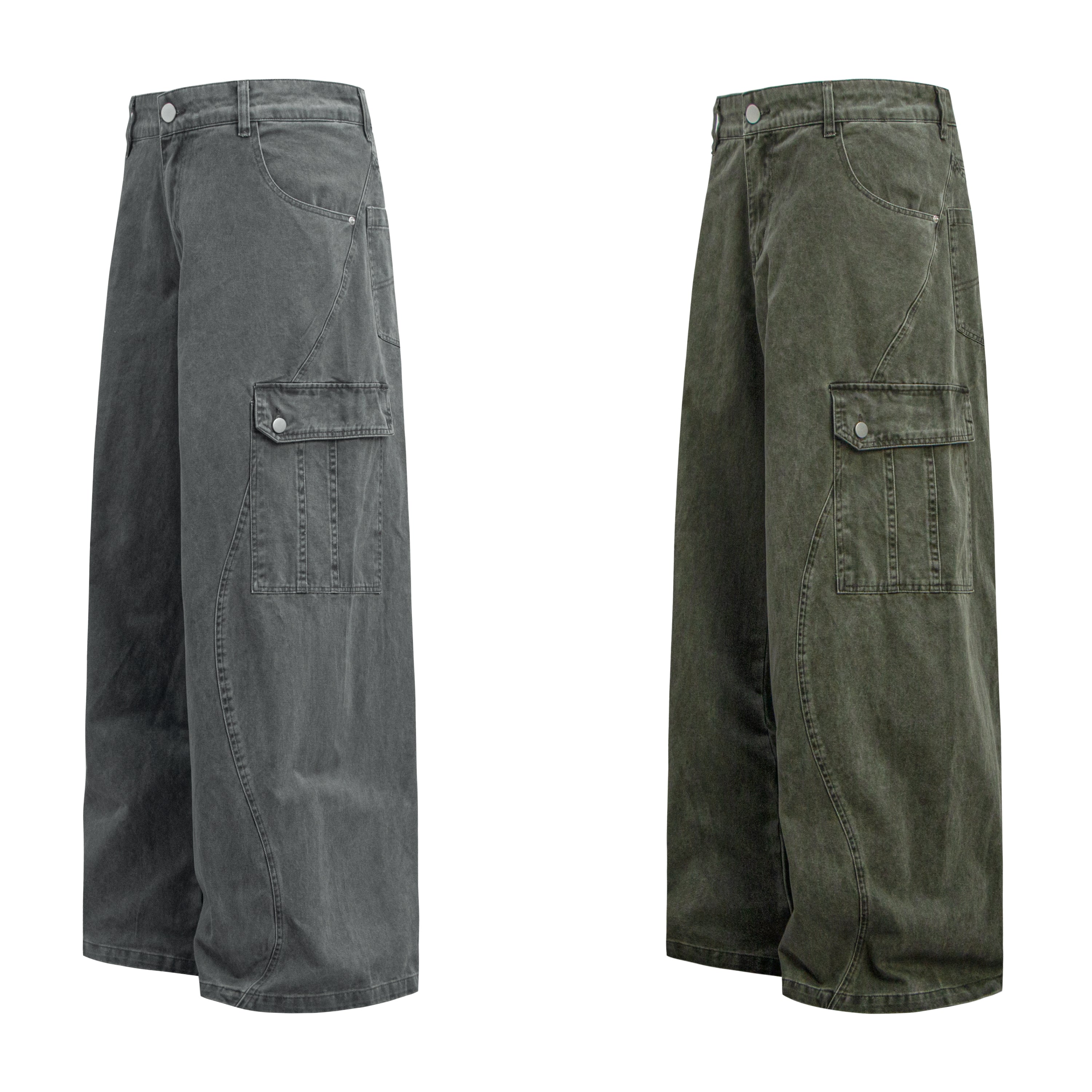 Omirad Curved Cargo Wide-Leg Denim Pants | 100% Cotton