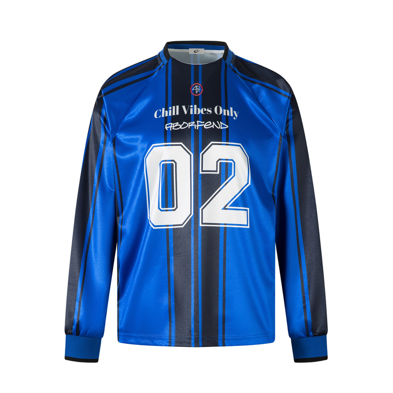 Front view of a blue long sleeve jersey top with black retro stripes and large white 02 graphic