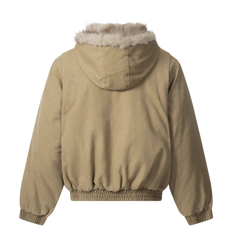 Detachable Fur Collar Washed Workwear Bomber Jacket