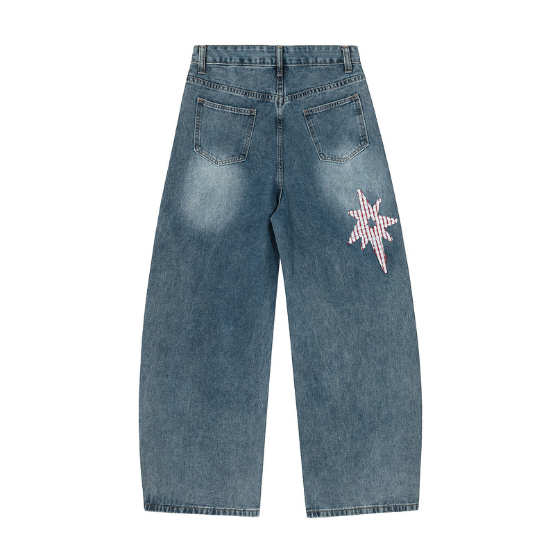 Gingham Star Patchwork Wide-Leg Jeans | Vintage Wash