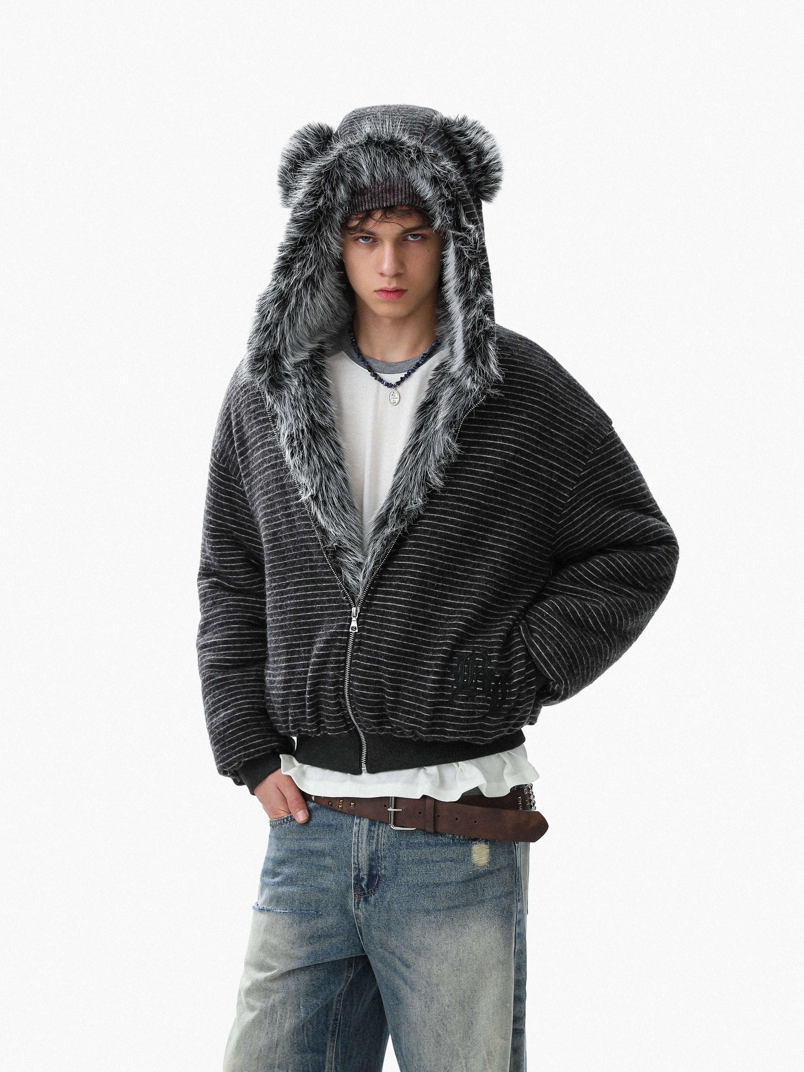 Faux-Fur Lined Striped Zip-Up Hoodie Jacket | SEAKOFF