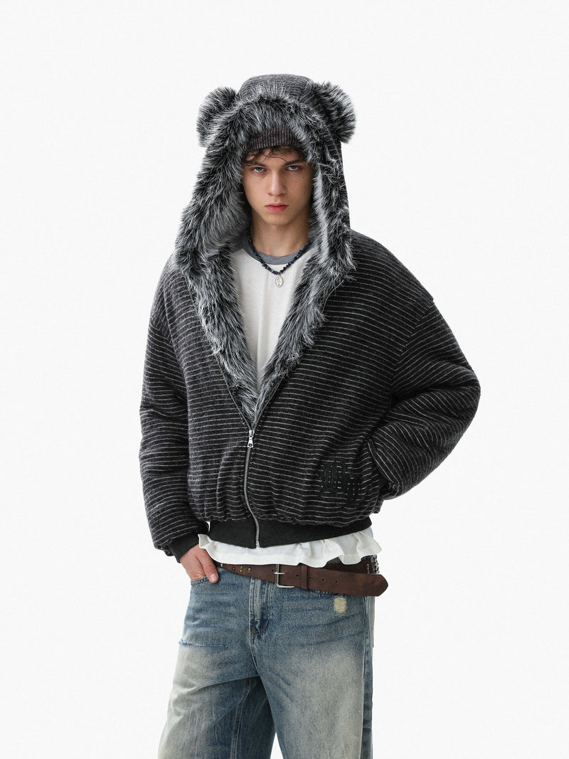 Faux-Fur Lined Striped Zip-Up Hoodie Jacket | SEAKOFF