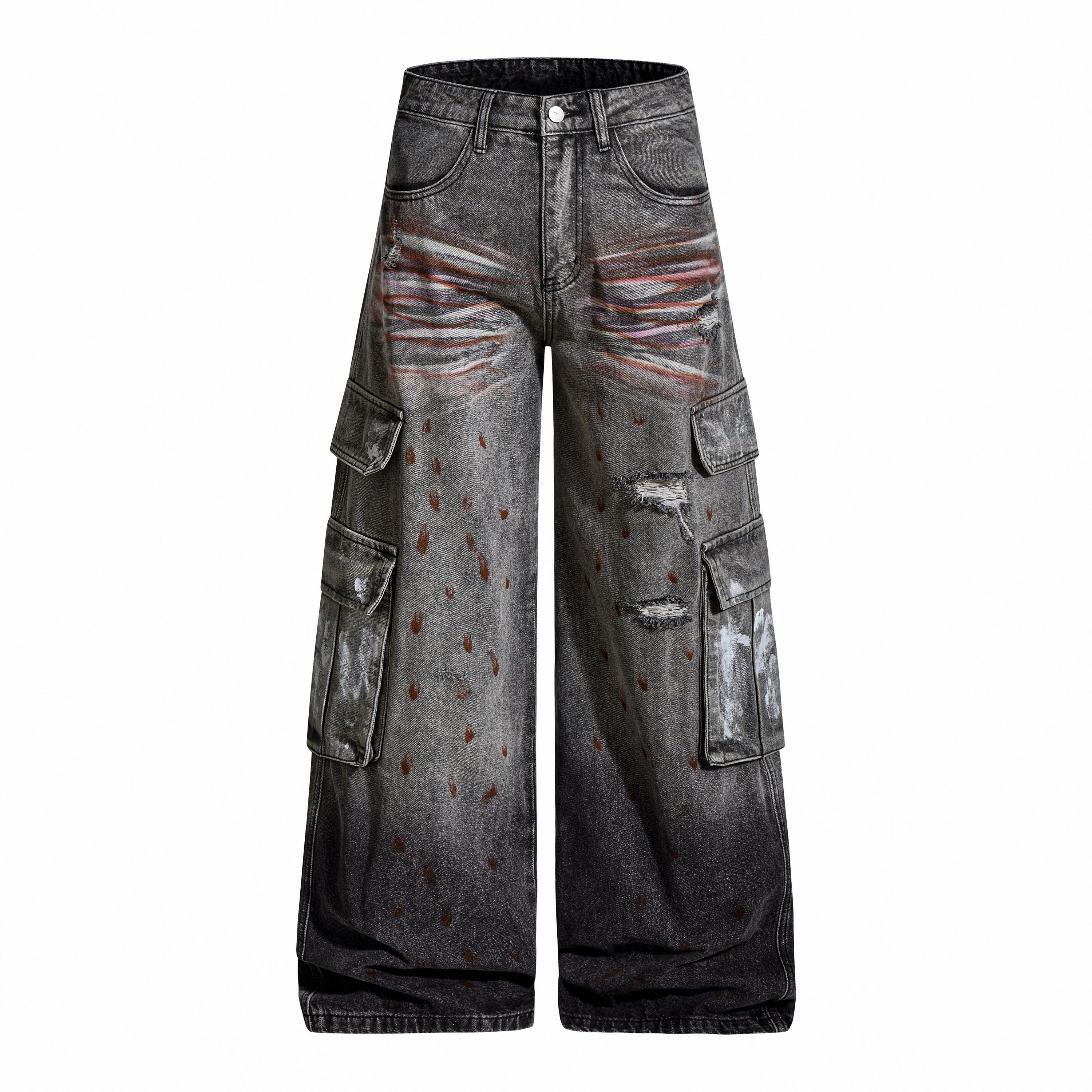 Painted Distressed Cargo Denim Pants | Wide-Leg Streetwear