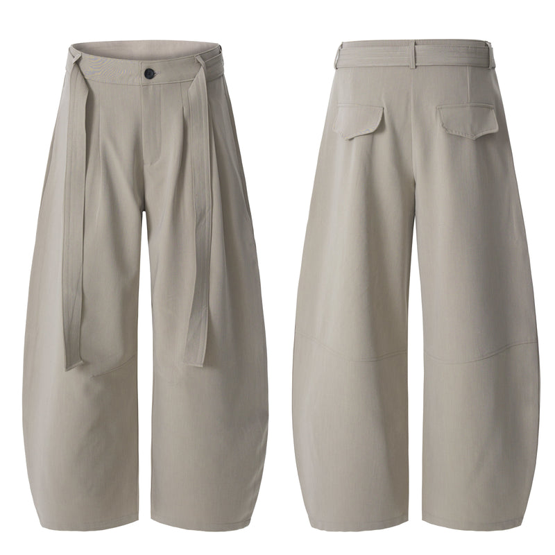 Structured Belted Barrel-Leg Pleated Pants | Omirad