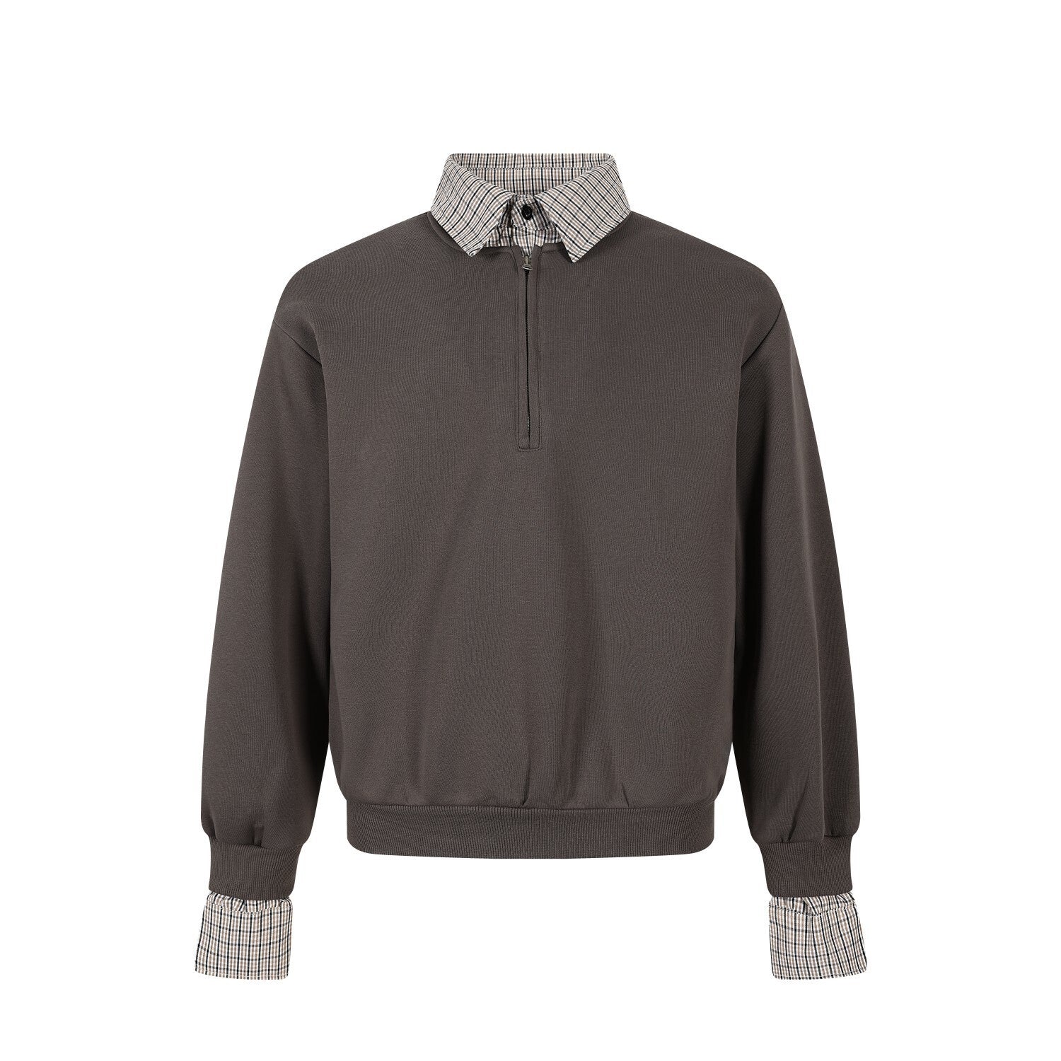 Layered Checkered Collar Half-Zip Pullover | Relaxed Fit