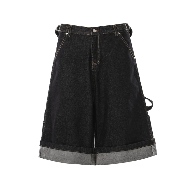 Front view of black denim cargo shorts with belt loops, button fly, and raw cuff