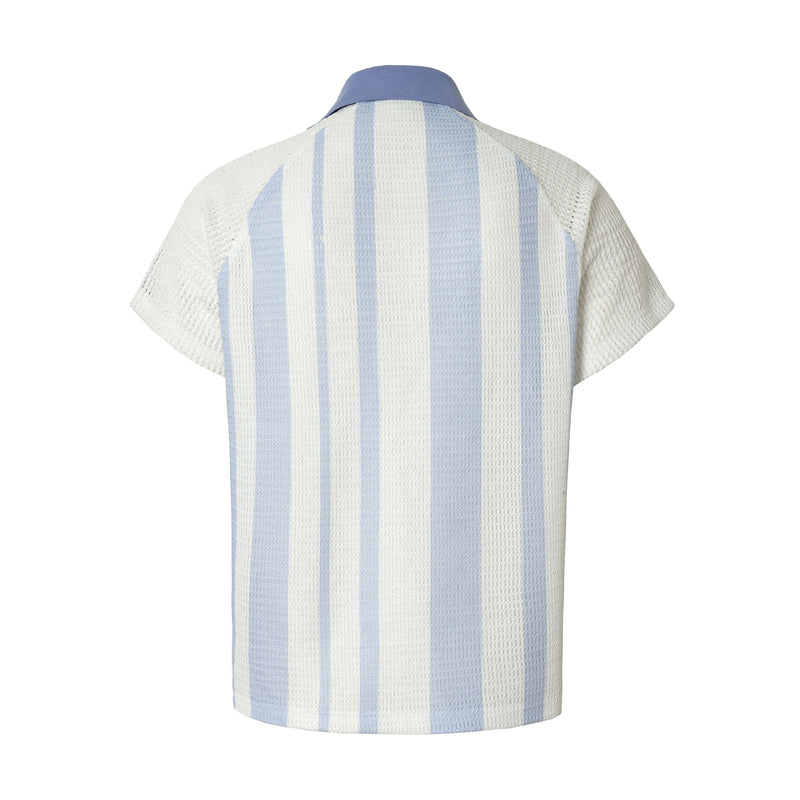 Light blue and white striped knit polo shirt with short sleeves and textured rugby-style collar, shown from the back
