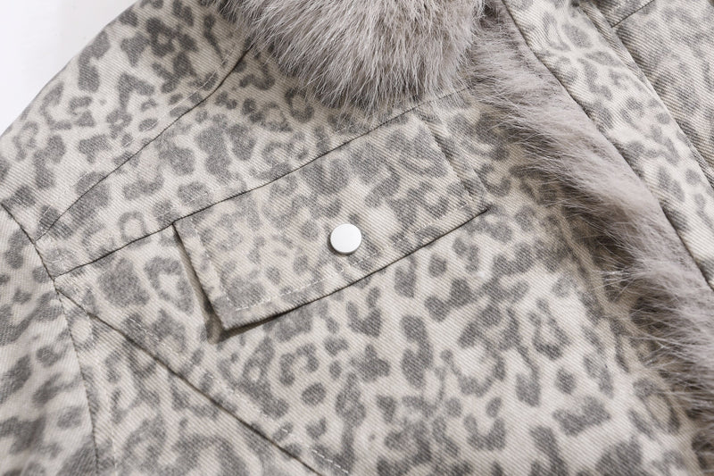 Leopard Print Faux Fur Collar Bomber Jacket | SEAKOFF