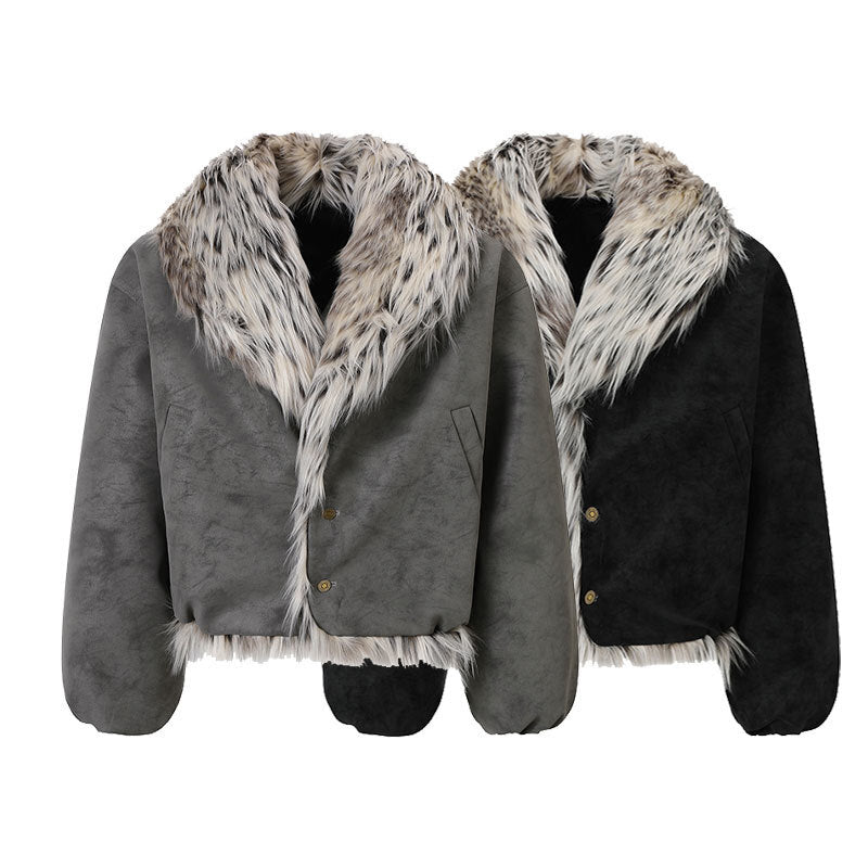Black oversized faux-fur collar winter jacket with speckled grey and white fur trim and antique brass buttons