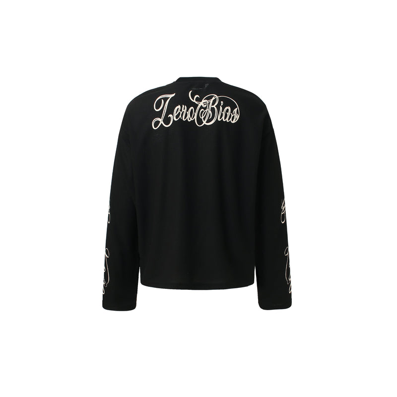 Black waffle knit long sleeve top back view with Zero Bias script across the shoulders