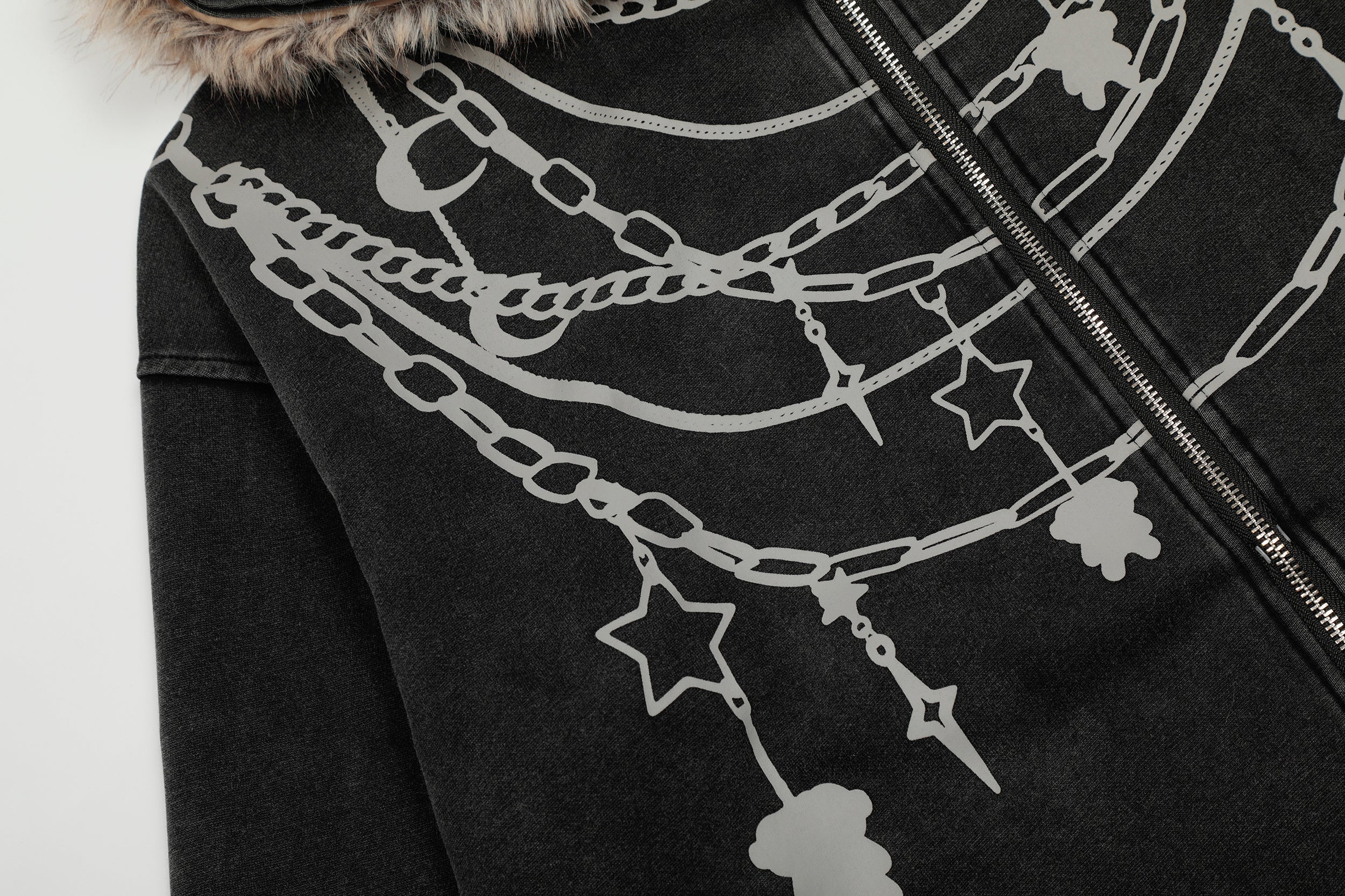 Chain Print Faux Fur Trim Zip-Up Hoodie Jacket | Dark Streetwear