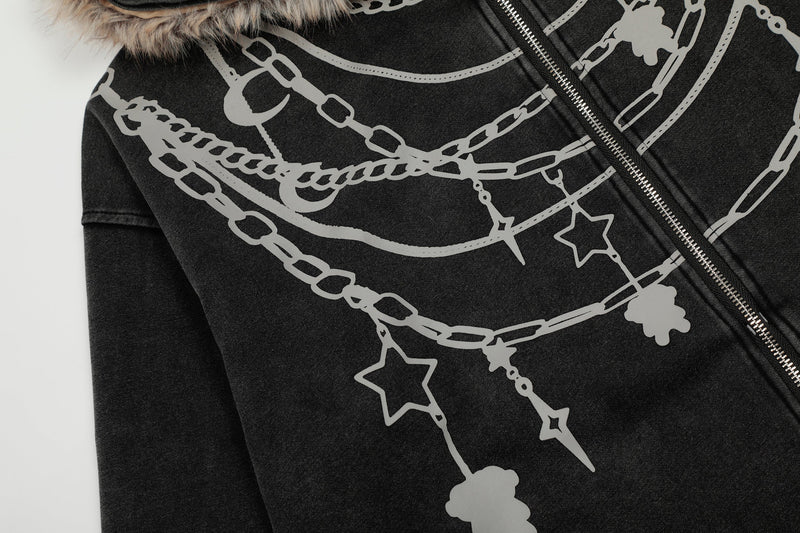 Close-up of black hoodie chest with gray chain print and faux fur hood trim