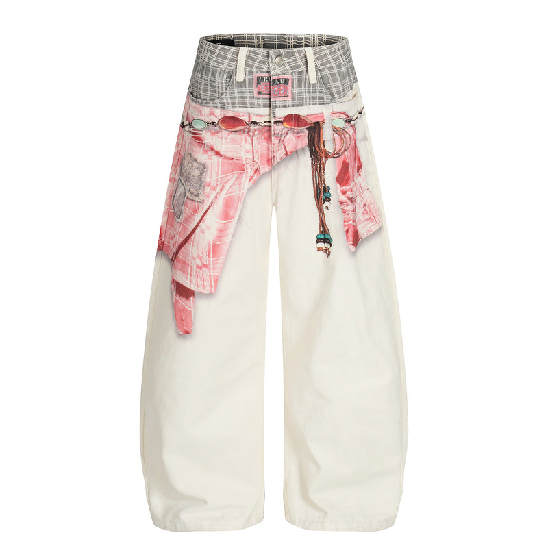 Wide-leg cream denim pants with layered pink print and gray plaid waistband, front view