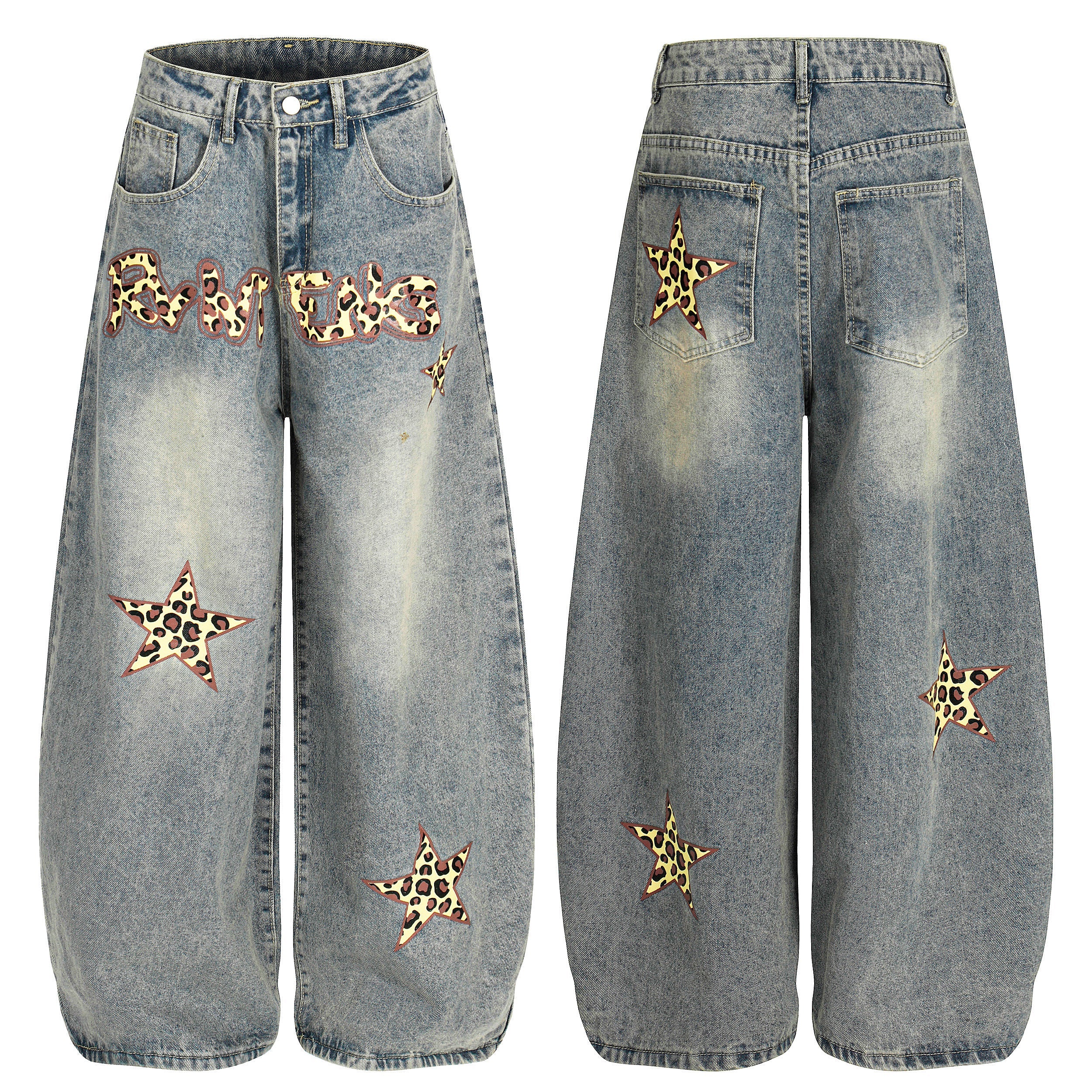Front and back view of light blue acid wash wide-leg barrel jeans with leopard-print star appliqués and Omirad logo lettering