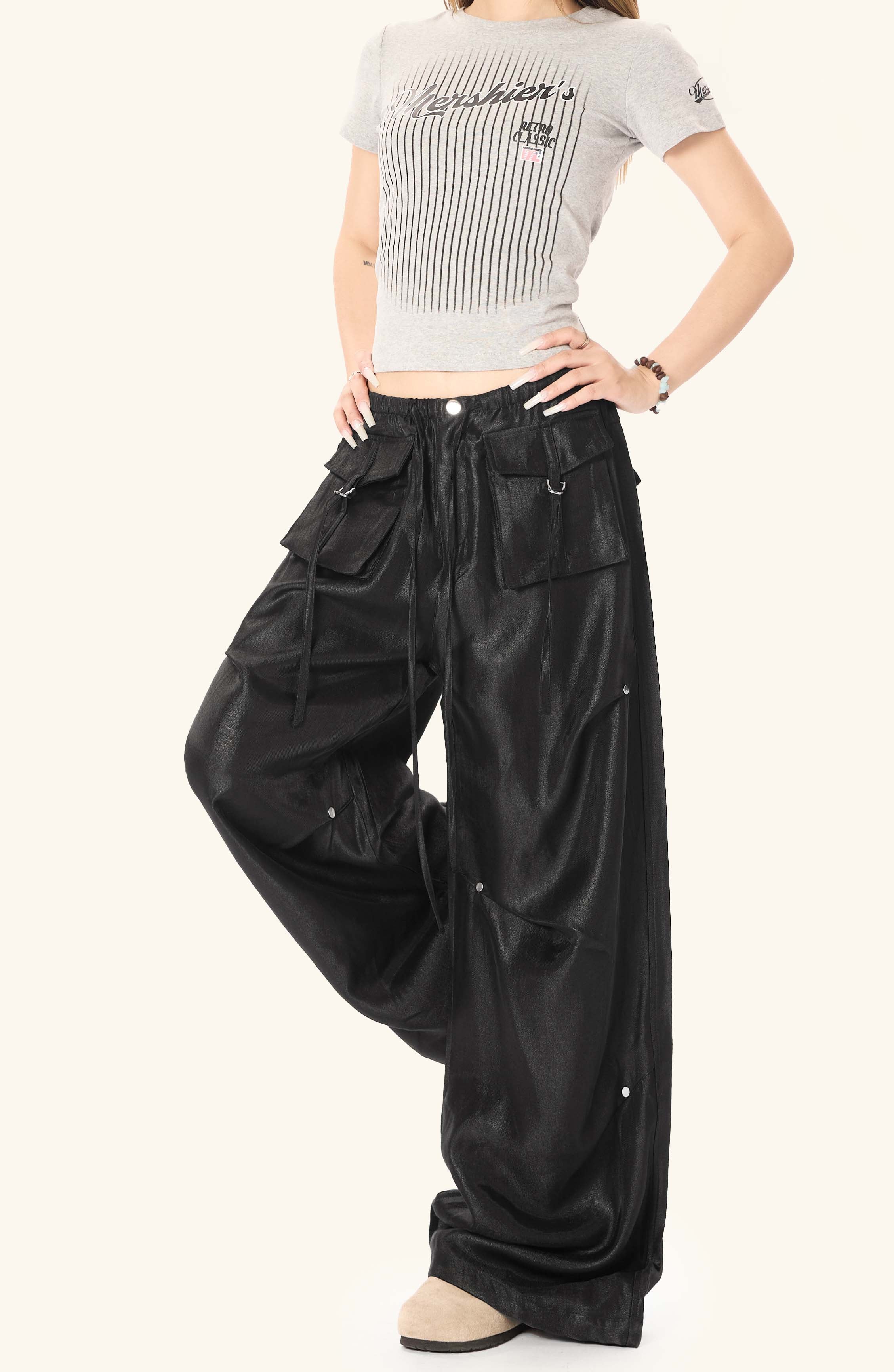 Omirad Glossy Utility Cargo Pants | Wide Leg Barrel Fit