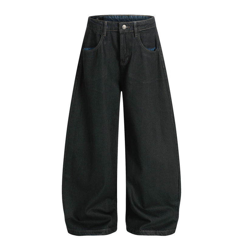 Black wide-leg denim pants front view with curved leg shape and five-pocket styling