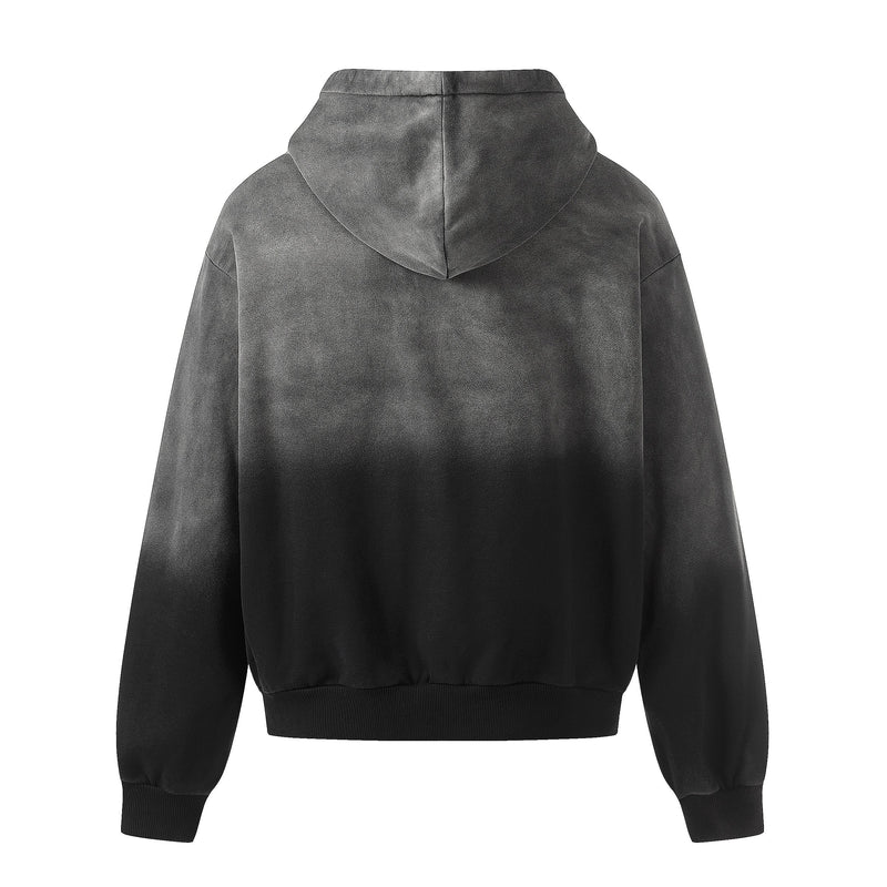 Back view of black gradient washed hoodie with hood and long sleeves