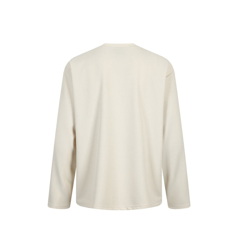 Back view of cream long sleeve tee with plain textured finish