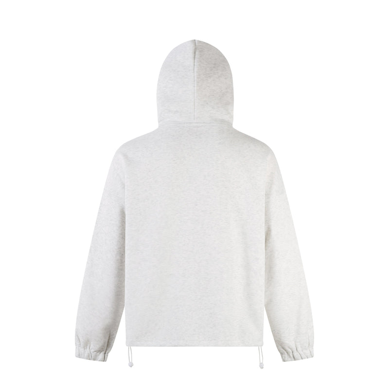 Back view of light gray hooded zip jacket with a plain hood and sleeves