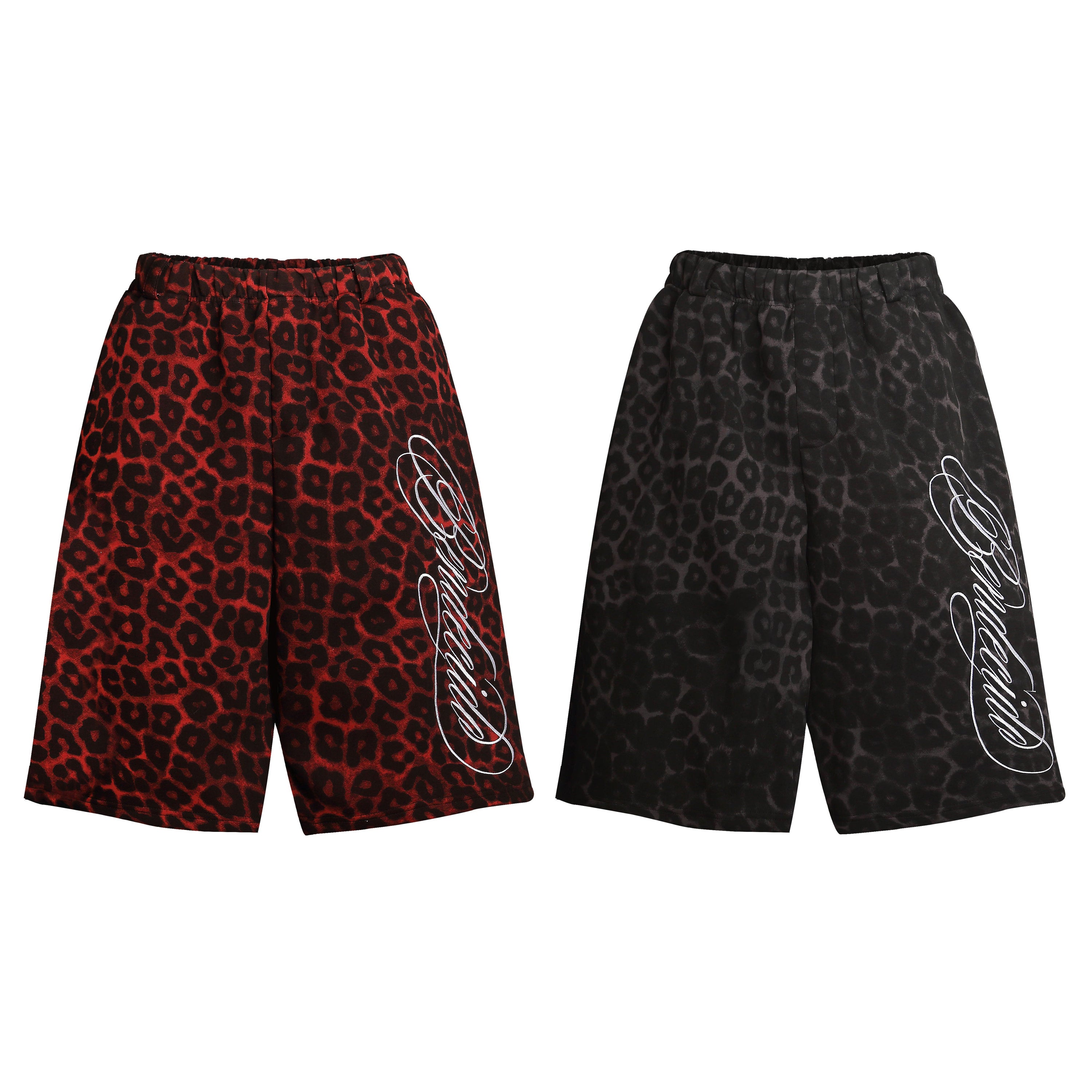 Omirad red and black leopard print loose shorts with white script logo, shown in red and black colorways on white background
