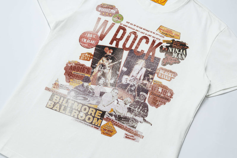 White vintage rock graphic T-shirt with bold collage print and retro band-style typography on the chest