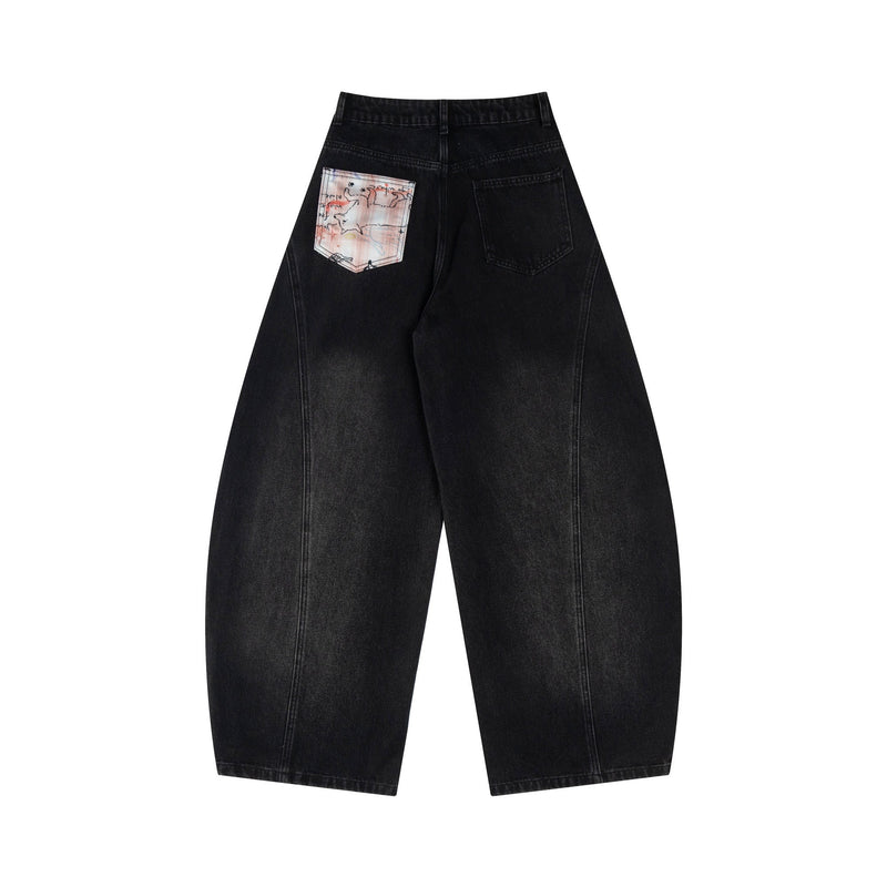 Back view of black wide-leg jeans with printed patch pocket and dark wash finish