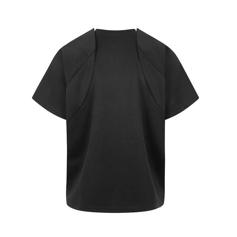 Matte black oversized tech T-shirt with structured panels and short sleeves, shown front view on white background